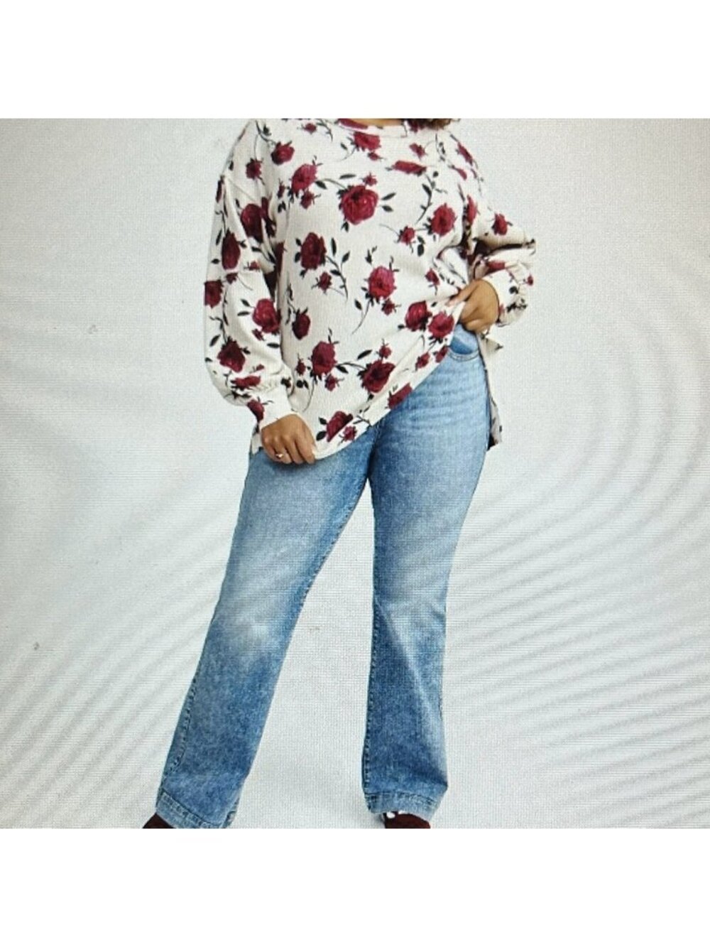 torrid Cream and Red Floral Long Sleeve Oversized Cotton Top Size 12 - Picture 4 of 8